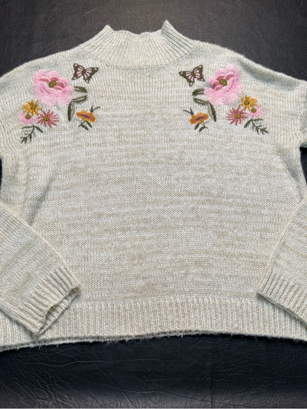 Embroidered Floral Butterfly Sweater Mock Neck Cream Cottagecore Boho Small
